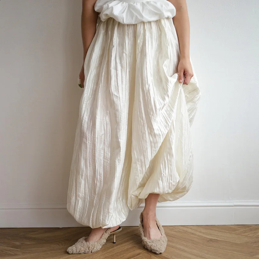Casual Apricot Lantern Pants Oversized Long Pants Pleated Loose Spring Women Elegant Commute Fashion Elastic Waist Sheer 260921