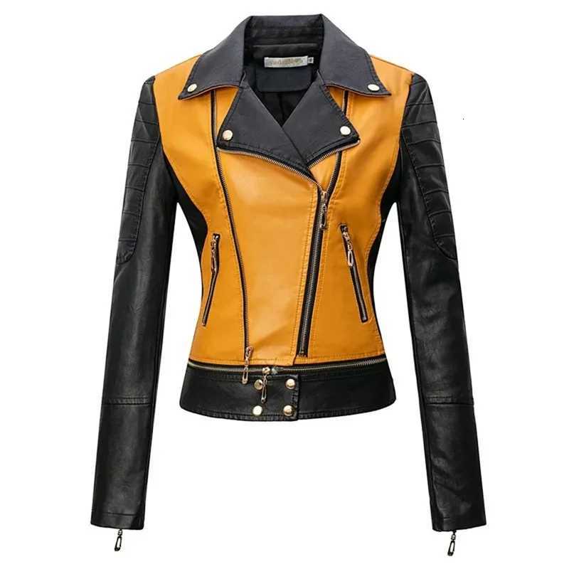 Leather Jacket Washed For Women Slim Fit Casual Outdoor Work Clothes PU Leather Coat Short And Long Sleeved Jackets Zipper Yello C260921