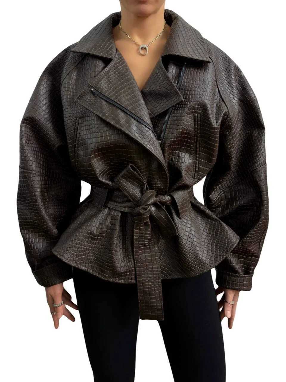 Faux Leather Women Zipper Jacket Lapel Belted Waist-cinching Lace Up Oversized Long Sleeve Coats Vintage Moto Biker Coat 2026 C260921
