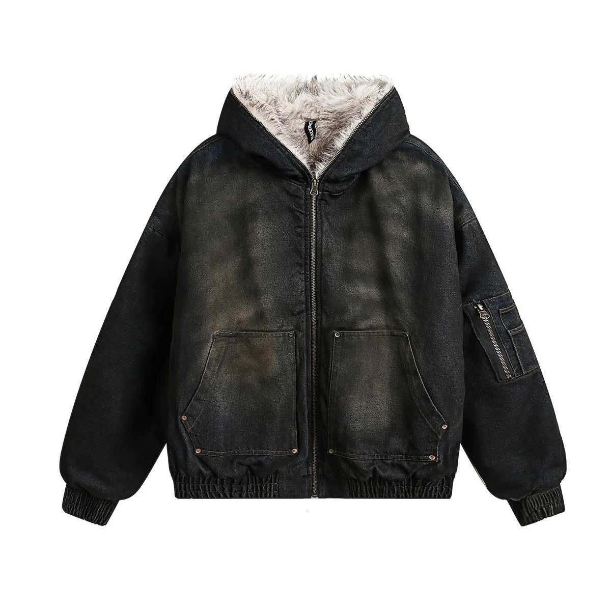 Denim Parkas Vintage Men's Down Parkas Fur Warm Padded Jackets Men Streetwear Harajuku Oversized Bubble Coat Outwear C260922