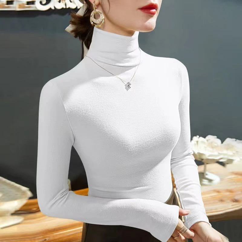 2025 Fashion Autumn Winter Female Turtleneck Fleece Stretch Shirt Women Long Sleeve T-shirt Warm Basic Pullover Bottoming Tops 260921