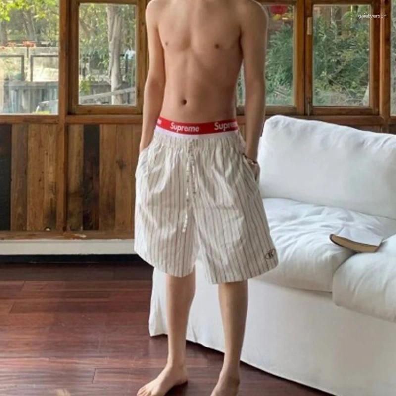 Mens Elastic Drawstring Vertical Stripe Loose Casual Sleep Shorts