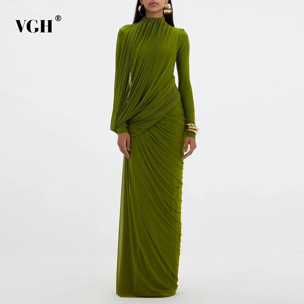 VGH Elegant Vintage Spliced Ribbon Dresses for Women Turtleneck Long Sleeve Irregular Folds Evening ious Maxi Dress Female 260922