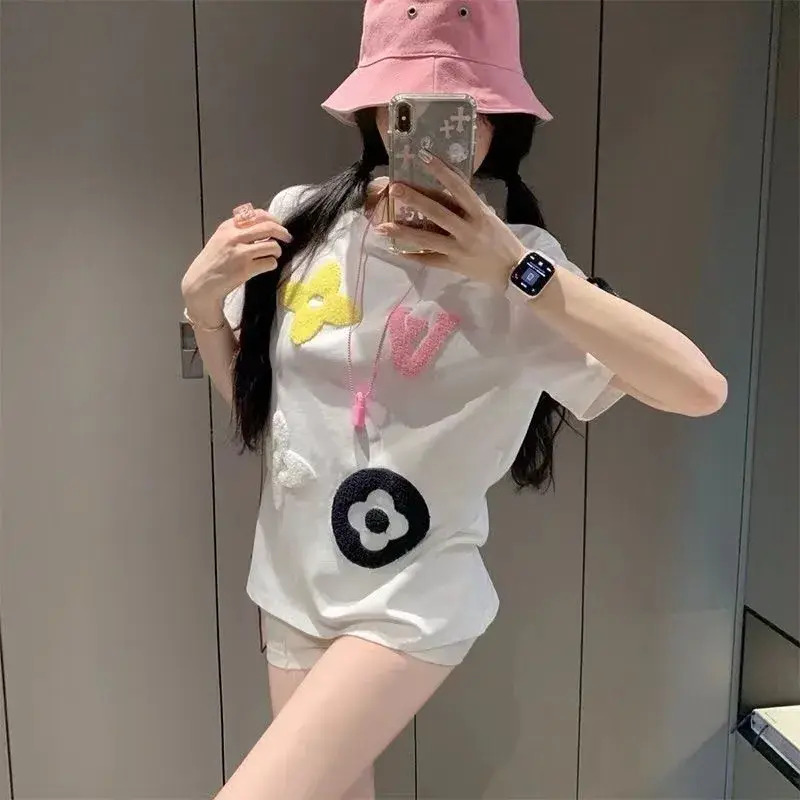 Women Knit Sweater New American Summer Loose Fitting Women's Short Sleeved Trendy pullover Brand Flocked Embroidered Streetwear Hit Piece Top T