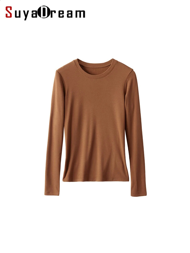 SuyaDream Women Bottoming T Shirt Silk Viscose Blend Long Sleeves Solid Basic Thermal Shirt Autumn Winter Top 260921