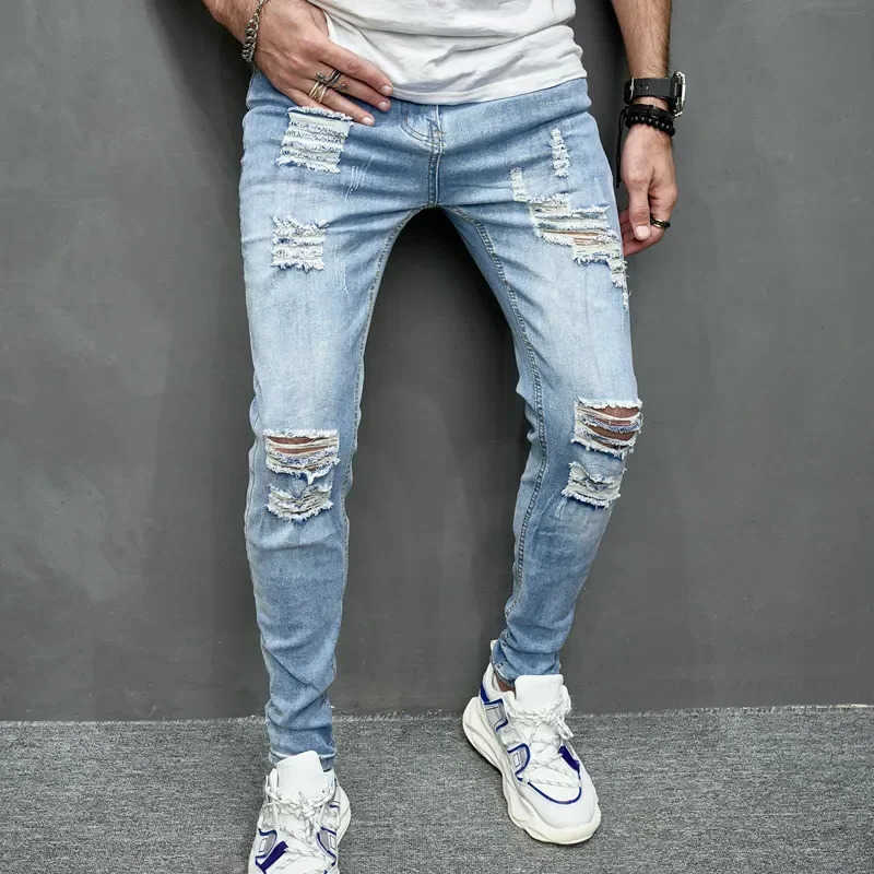 Jeans 2024 Men's New Style Men's Personalized Ripped Solid Color Skinny Jeans Stretch Little Foot Streetwear Motorcycle Denim Trousers Mal
