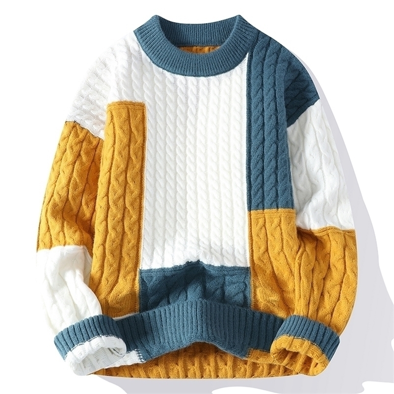 Winter Fashion Patchwork Loose Sweater Men Streetwear High Quality Mens Casual Sweaters Warm Knitting Pullovers 260920