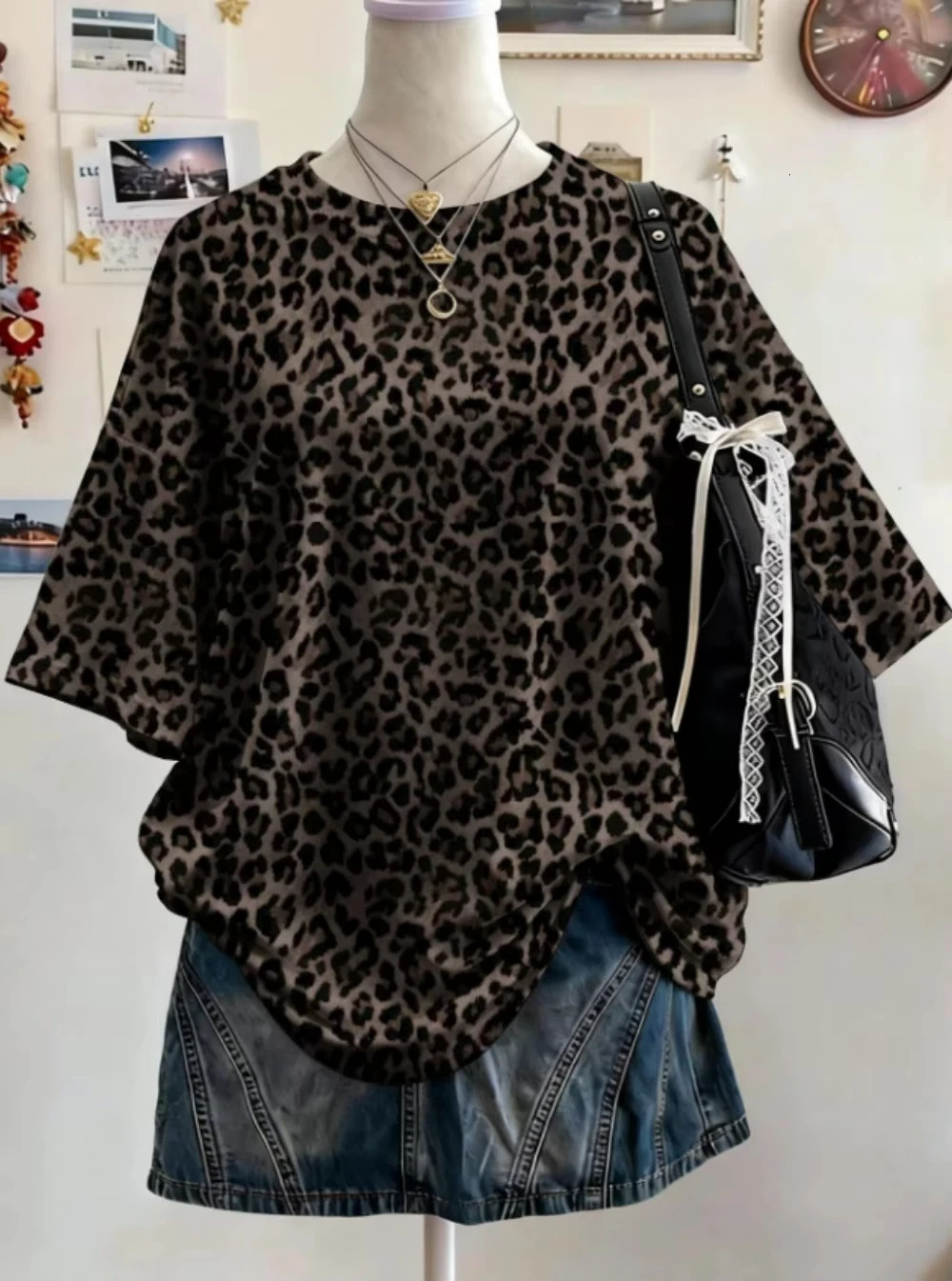 2026 Summer Y2K Leopard Print Casual Oversized Round Neck Drop Shoulder Women Short Sleeve Tshirt Street Sports Top 260922