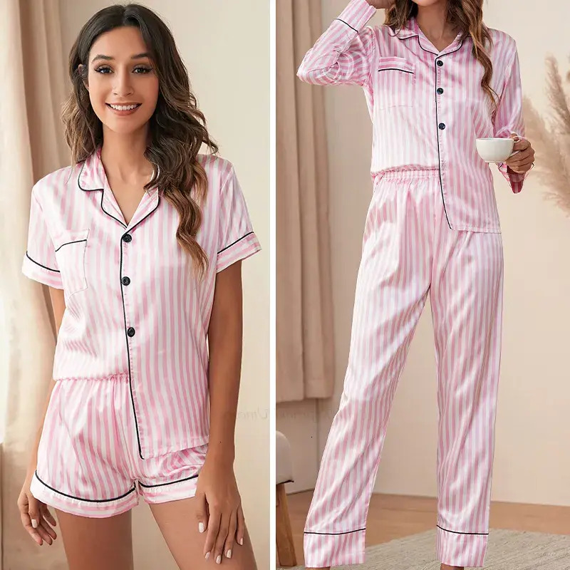 Women Pajamas Womens Sleepwear Two Piece Set Pamas For Women Pink Striped Satin Silk loungewear Pyjamas Pjs Shorts Sets Summer Spring Loungewear Hom