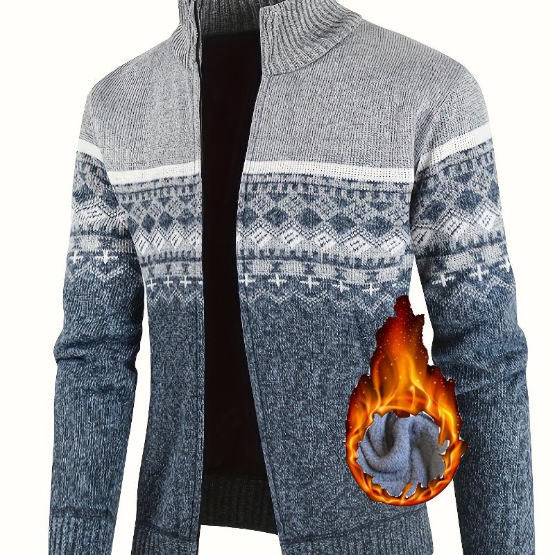 Mens Winter Thick Knit Zip Up Cardigan Sweater Nordic Fair Isle Print Stand Collar Fleece Lining Rib Trim Casual Warm Outerwear