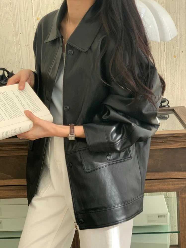 Leather Jacket Faxu Women 2023 Winter Jacket Turn-Down Collar Single-Breasted Long Coat Autumn Loose Casual Pocket PU Overcoat C260921