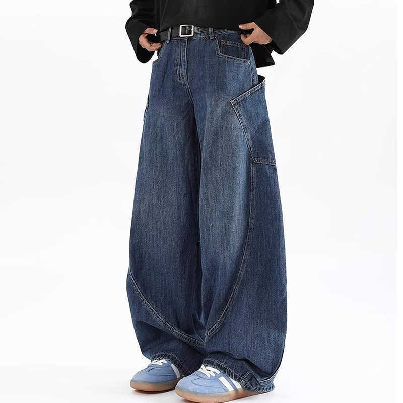 Jeans Korean Men's Retro Men'S Jeans Fashion Large Pocket Design Curved Knife Jeans Straight Leg Pants Letter Embroidered Baggy Jeans Y2k