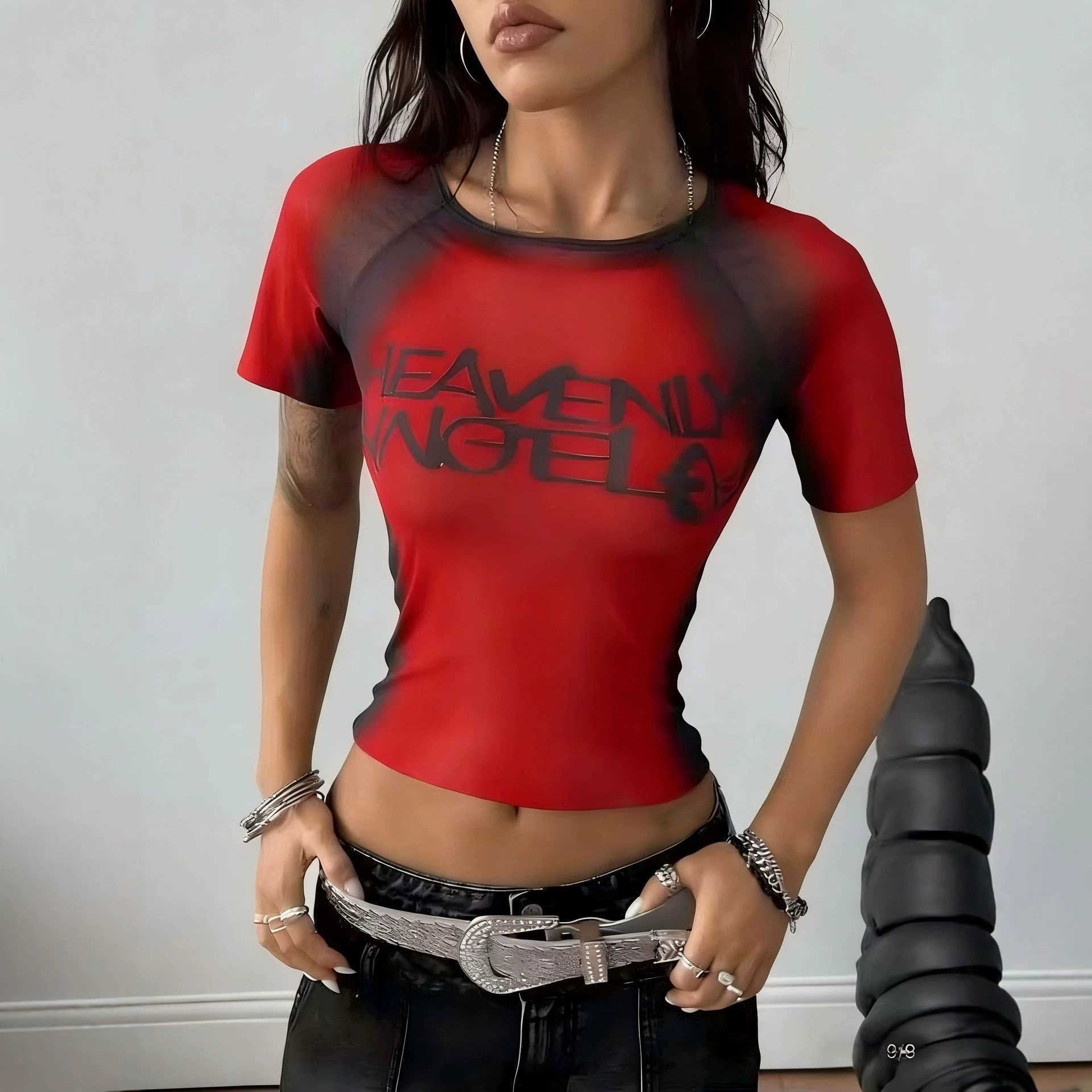 Spicy girl gradient mesh short-sleeve T-shirt for women American-style letter print slim-fit cropped dress see-through crop top T260922