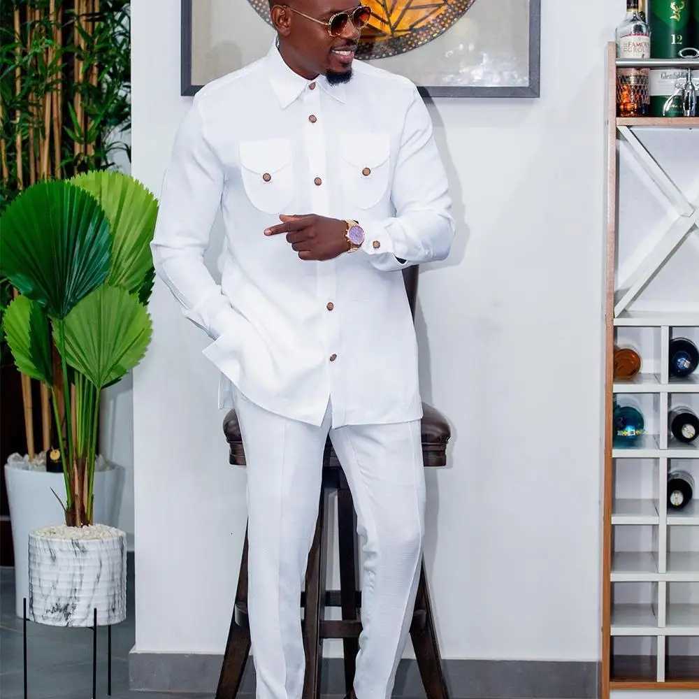 Tracksuits 2025 New Men's Men's Suit White Pocket 2-Piece Set Luxury Wedding Casual Suit Traditional African Style of Ethnic Minorities J2