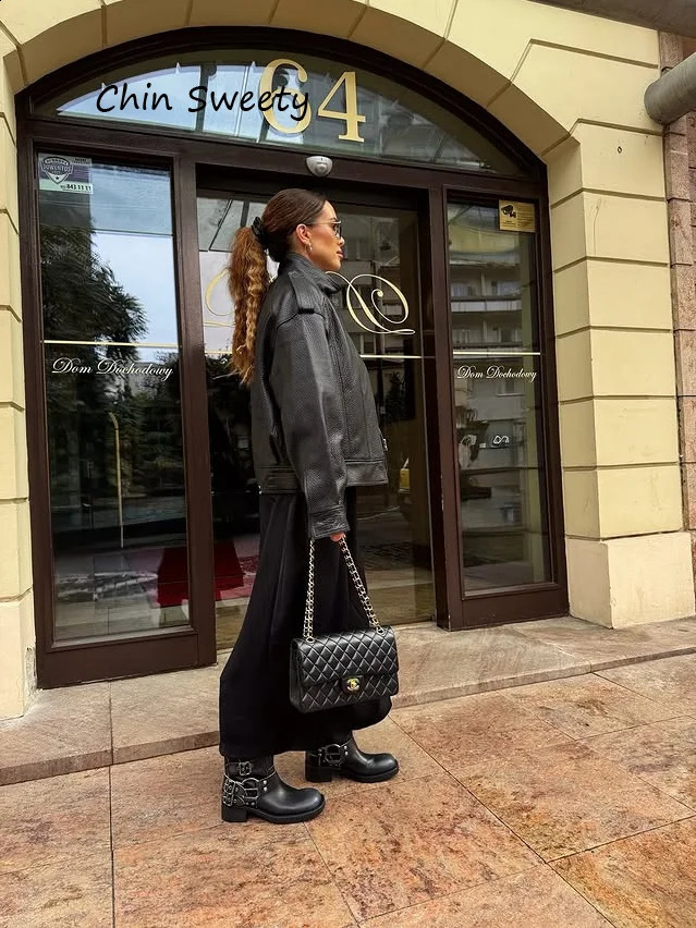 Leather Suede Jacket Woman Bomber Jackets Standing Collar Coats Autumn Clothes Outer Vintage Outwear Windproof Tops Chic Coats 260921