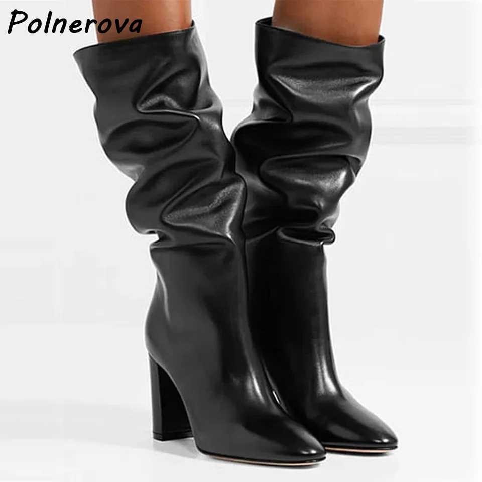 Designer Black Pleated Boots Boots Chunky Heels Round Toe Concise Leisure Fashion Solid Mid Calf Boots Women's Sexy Elegant Western Style Shoes