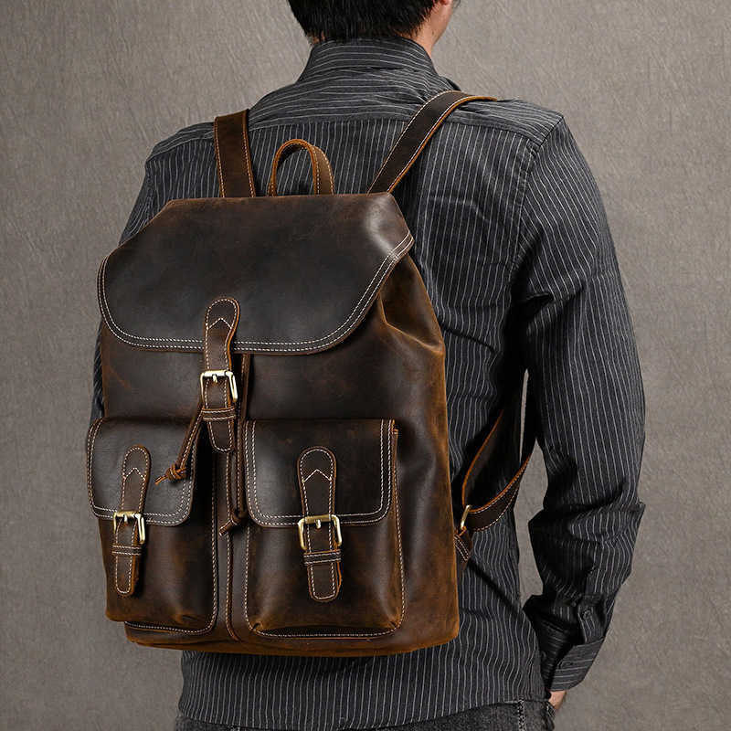 Leather Backpack Style Luufan Genuine Backpack Men Vintage Crazy Horse Leather Bucket Daypack Large Capacity Male Travel Backpack School Bags H26092