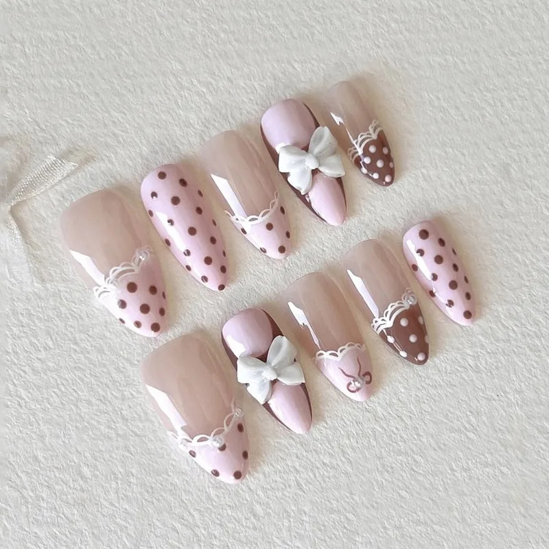 24PCS Sweet Pink French Press on Nails Brown Polka Dots 3D White Bowknot Fake Nails for Women Girl Almond False Nails Detachable 260922