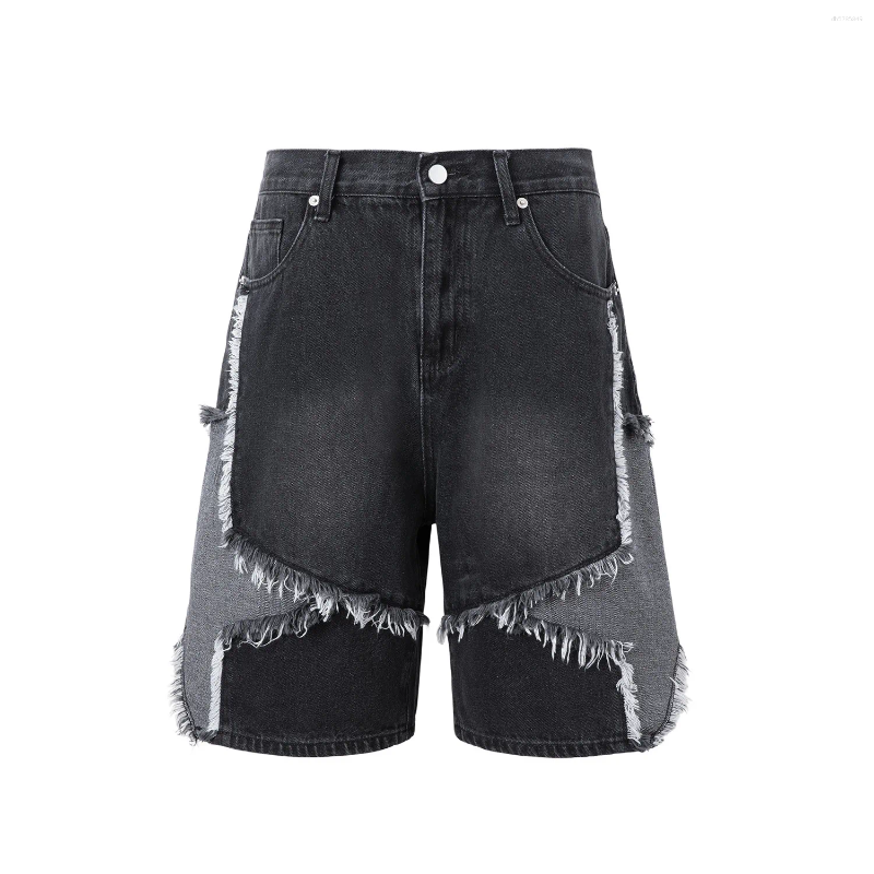 High Street Washed Stars Patchwork Baggy Jeans Shorts For Men Wide Leg Straight Casual Denim Five Point Pants Oversized