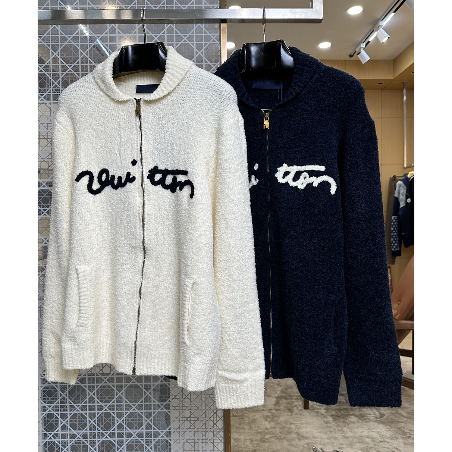 Luxury Designer Unisex Zip Up Cardigan, Letter Embroidery Lapel Knit Sweater, Wool Blend Loose Casual Jacket For Men Women