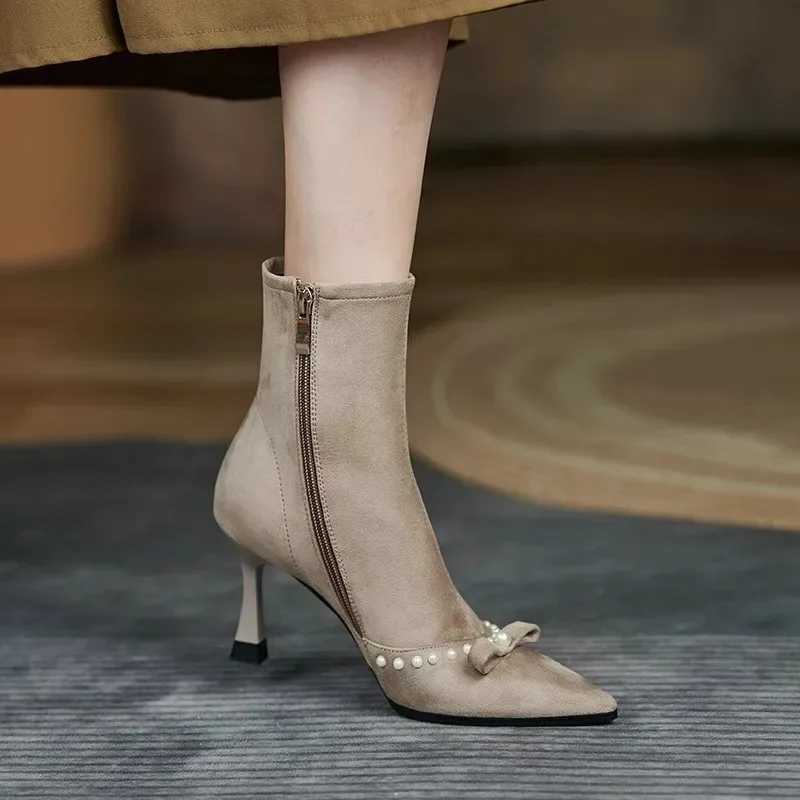 New Pointed Toe Booties Women Stiletto French Temperament Bow Skinny Boots Autumn and Winter High Heels Q260922