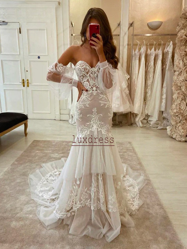 Summer Lace Tulle Wedding Dresses Princess Sweetheart Boho Appliques Long Sleeves Tiered Floor Length Bridal Gowns Vestido De Novia