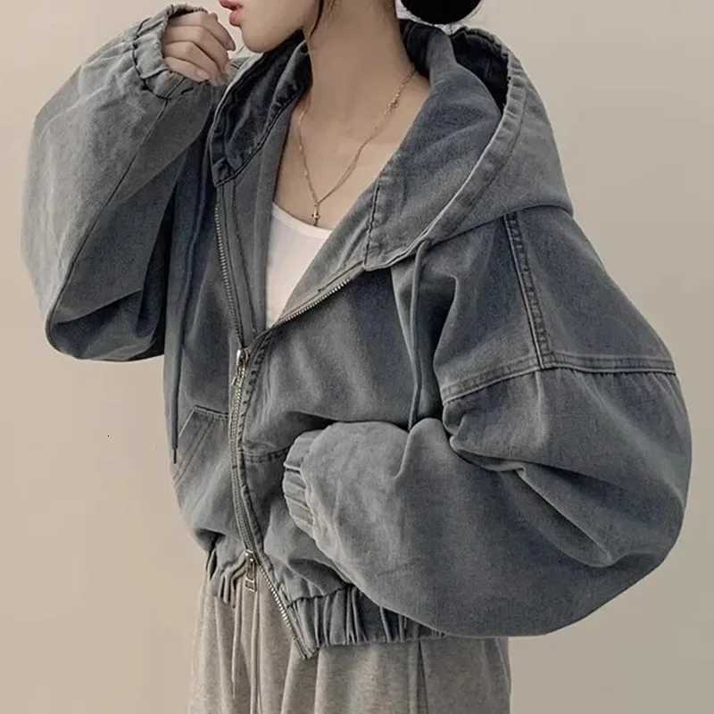 Women's Jackets Korean Lazy Chic Autumn Retro Style Zipper Universal Loose Casual Long Sleeve Hooded Short Light Denim Jacket C260921