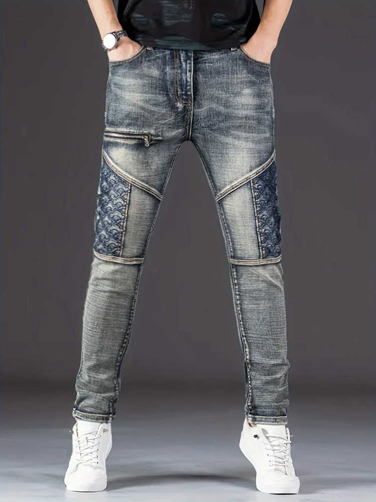 Jeans streetwear da uomo jeans da moto da uomo stretch nostalgici moda casual pantaloni in denim slim dritti patchwork pantaloni da cowboy lavati T2