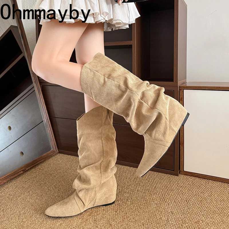Designer Fashion Boots Pleated Winter Woman Knee-High Boots Pointed Toe Internal Elevation Shoes Street Style Mordern Long Botas Mujer J260922
