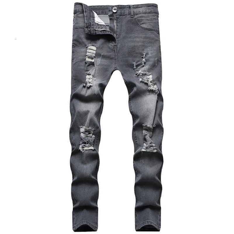 Hole Men Distressed Pencil Pants Fit Solid Colour Washed Denims Ankle Length Trousers S260922TEFU