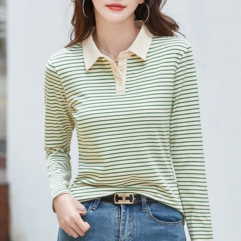 Korean Style Long Sleeve Polo Shirt Women Cotton Stretch Fashion Autumn Elegant Knitted Polo For Women Striped T-shirt 260922