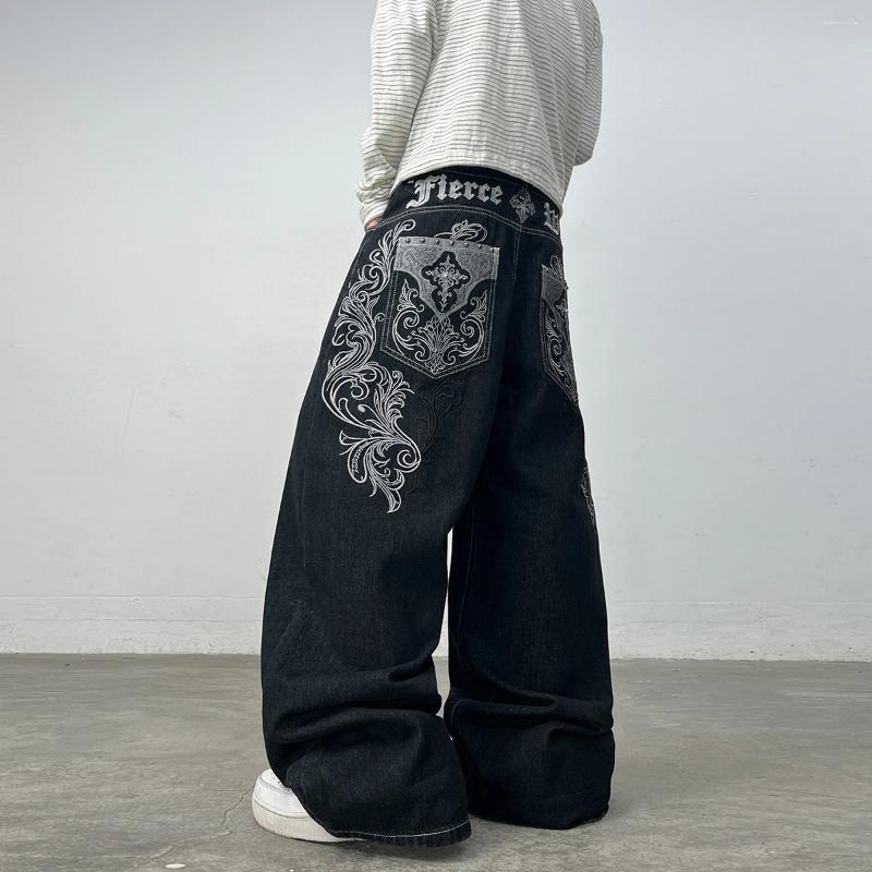 Men's Retro High-Quality Embroidered Black Baggy Jeans Y2K Street Hip-Hop Trendy Fashion Versatile Straight-Leg Wide-Leg Pants