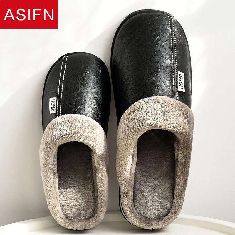 Men's Big Size Winter Slippers Home PU Leather Shoes for Men Indoor Waterproof Fur Cotton Male Bedroom Slipper Flat Houseshoes 260921