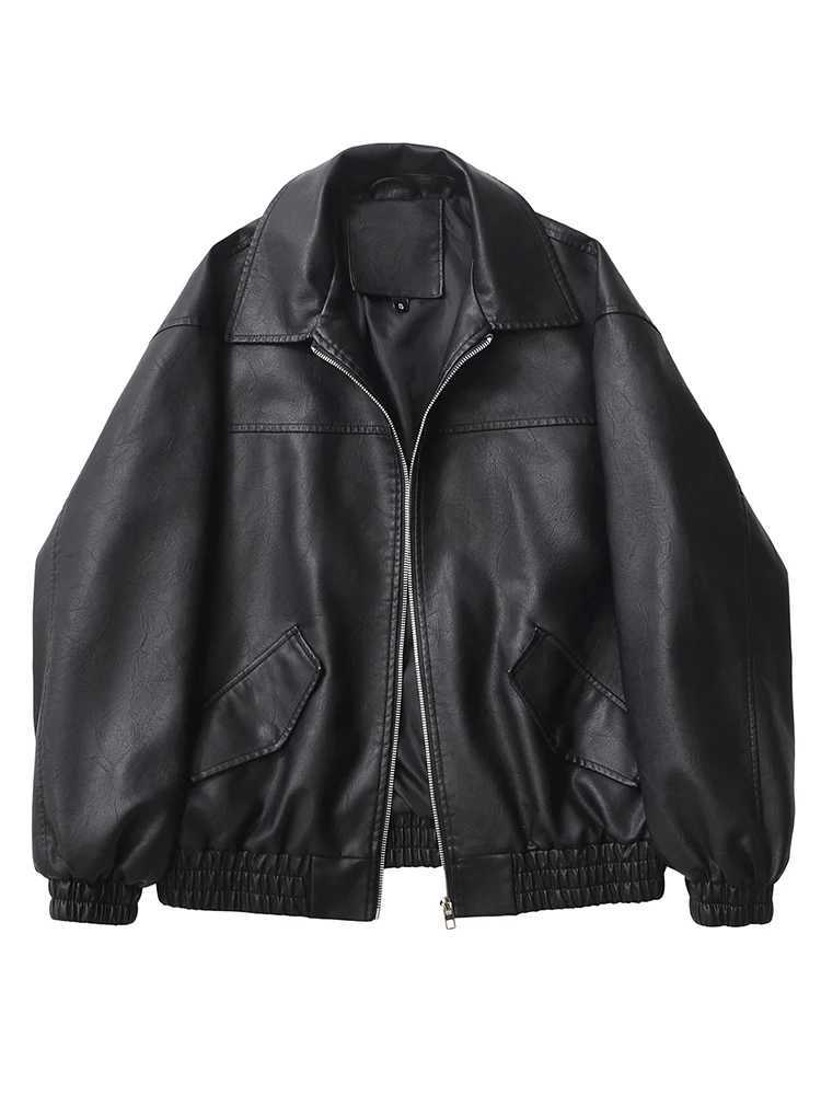 Faux Women's Leather Leather 2026 Fashion Streetwear Women Retro Loose Black PU Faux Leather Jacket Spring Autumn Lady Vintage Zipper Coat Moto