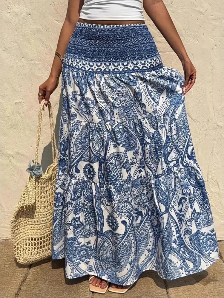 Holiday Print Skirt For Women Fashion Loose Long Skirts Female Casual Boho Beach Streetwear Y2k Womens Clothing Summer 260922