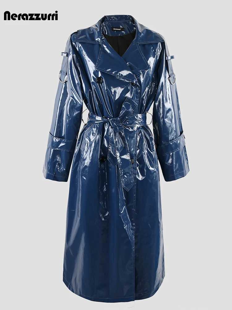 Spring Autumn Nerazzurri Long Blue Soft Thin Shiny Reflective Patent Faux Leather Trench Coat for Women Sashes European Fashion C260921