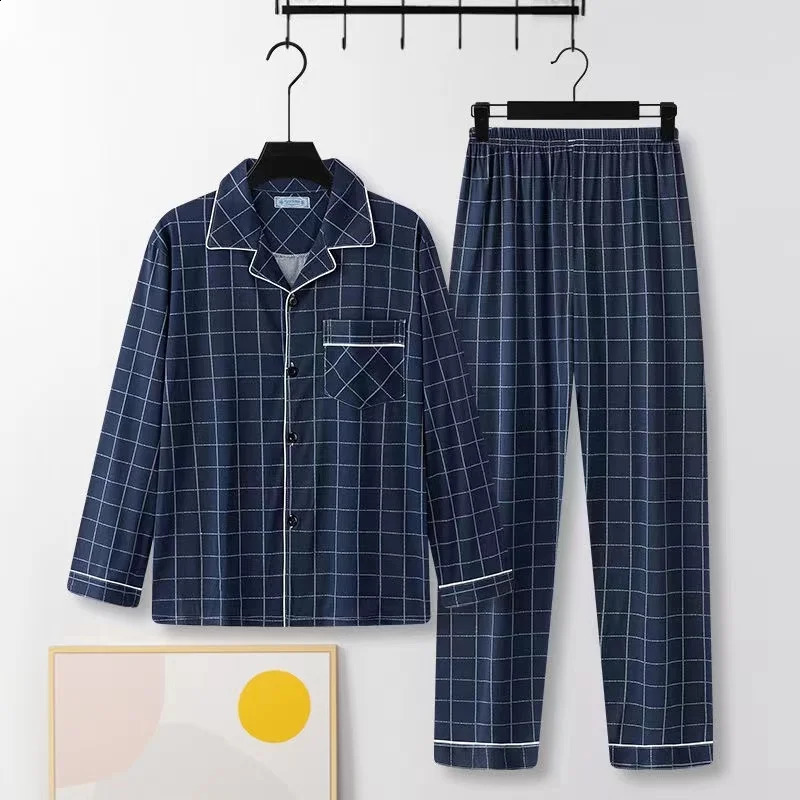 Casual Pure Cotton Mens Sleepwear Long Sleeve Long Pants TwoPiece Set Plaid Striped Simple Wearable Home Clothes 260921