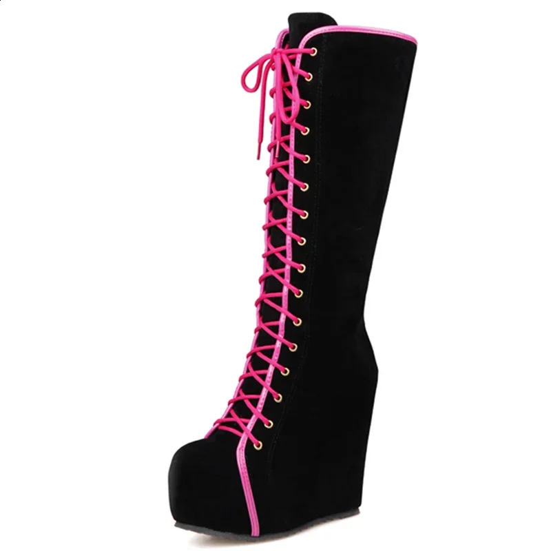 Botas hasta la rodilla a la moda, plataforma para mujer, tacones de cuña sexis, botas altas para mujer, zapatos de baile negros con punta redonda y
