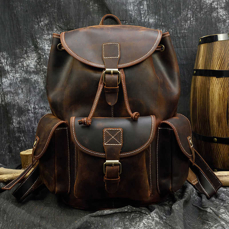 Crazy Backpack Style Luufan Vintage Horse Leather Mens Backpack Thick Genuine Leather Women Rucksack Big Capacity Travel Bag School Backpack H260922