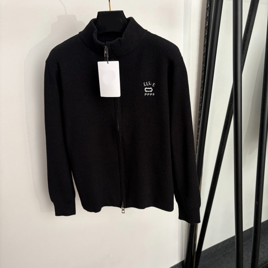 Women Classic Zipper Knit Jackets Designer Black Stand Collar Loose Fit Sweater Coats Outdoor Office Commute Warm Sweater Cardigan
