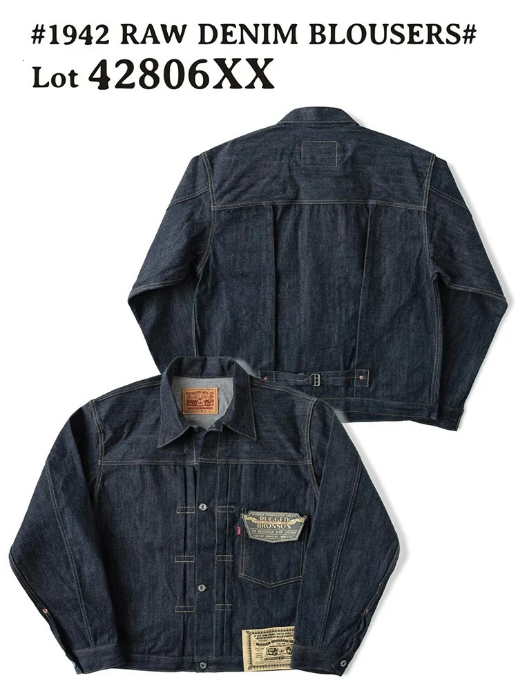 Rugged Bronson Mens Vintage 1940s WW2 Style Denim Jacket 14oz Unwashed Selvedge Raw Jean Blouse with Cinch Back Donut Buttons 260922