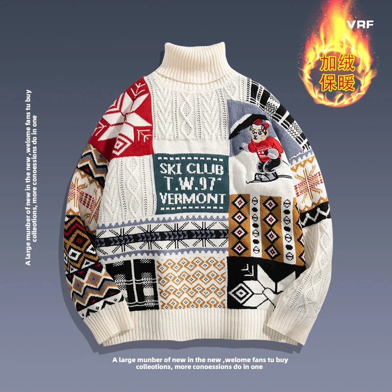 Santa Knitting Sweater Men American Christmas Turtleneck Pullover For Couples High Street Winter Loose Harajuku Couple Sweat 260922