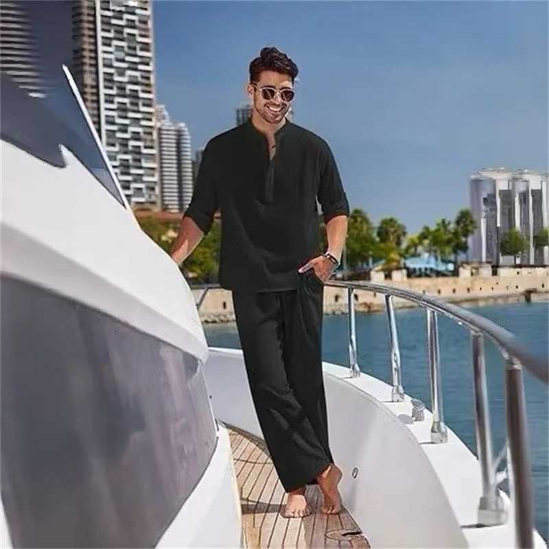 Resort Men's Tracksuits Men's Style Stand-Up Collar Long-Sleeved Top + Loose Trousers Set Yacht Style Casual Comfortable Two-Piece Set S-2
