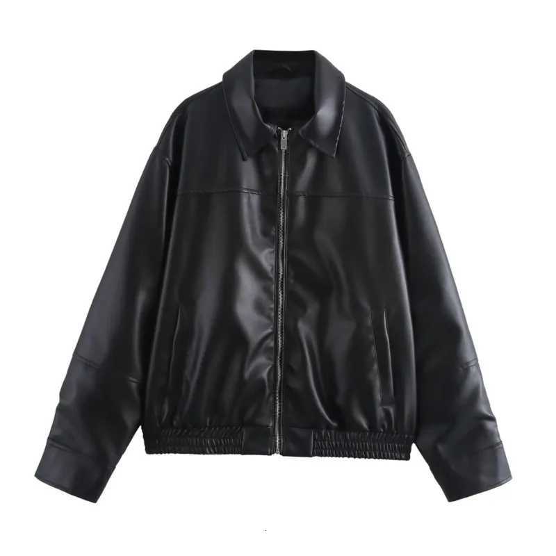PU Leather Vintage Bomber Jackets Autumn New Ladies Zipper Lapel Long Sleeve Pocket Coat Y2k Women's Loose Fashion Streetwear C260921