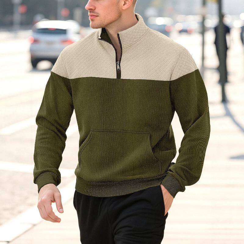 Mens Mixed Texture Color Block Half Zip Sweatshirt Stand Collar Long Sleeve Kangaroo Pocket Rib Hem Casual Daily Pullover