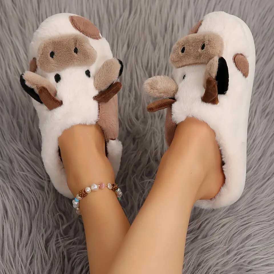 Women Cartoon Cow Cotton Slippers Cute and Comfortable Plush Animal Slippers Winter Indoor and Outdoor Slippers Shoes Footwear Khaki Flipflop T26092