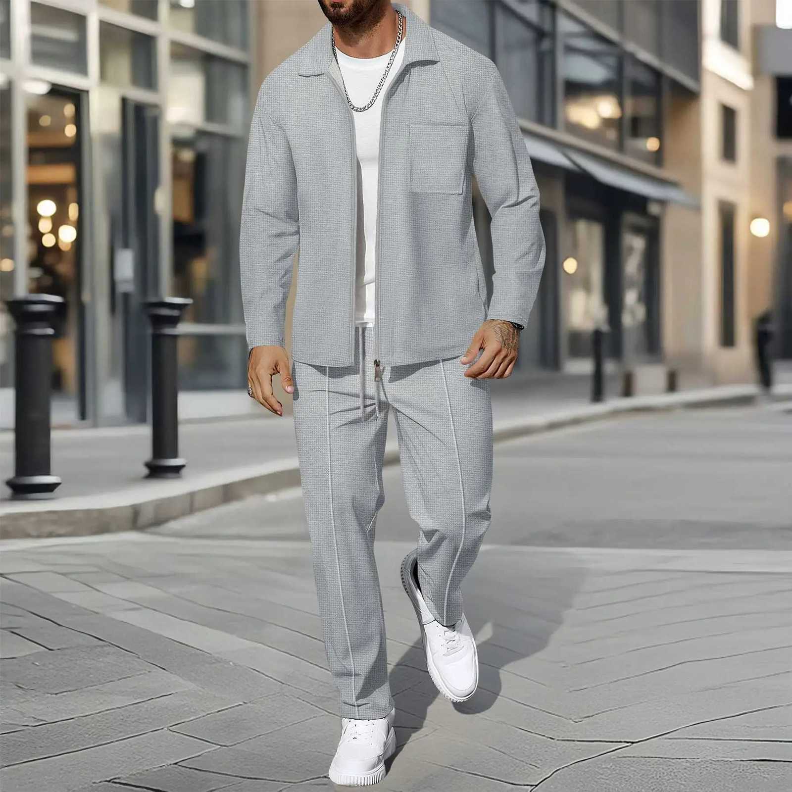Men's Men's Business Tracksuits Casual Two-Piece Set Spring Autumn Waffle Zippered Shirt Coat And Trousers Trendy Fashionable Outfit J2609