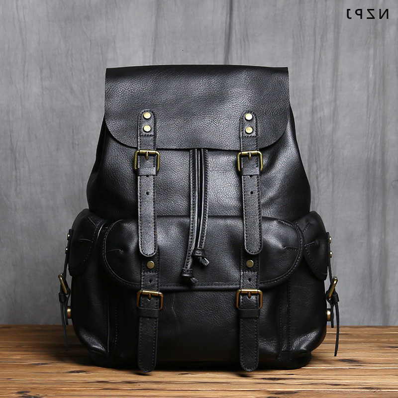 Leather Backpack Style NZPJ Genuine Men's Backpack Casual Men's Bag Natural Cowhide Book Bag Laptop Computer Bag Large Capacity Backpack H