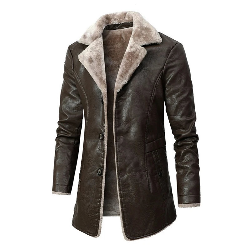 2026 Men Winter Long Thick Fleece PU Leather Jacket Fashion Suit Collar Mens Windbreaker Coats 260922