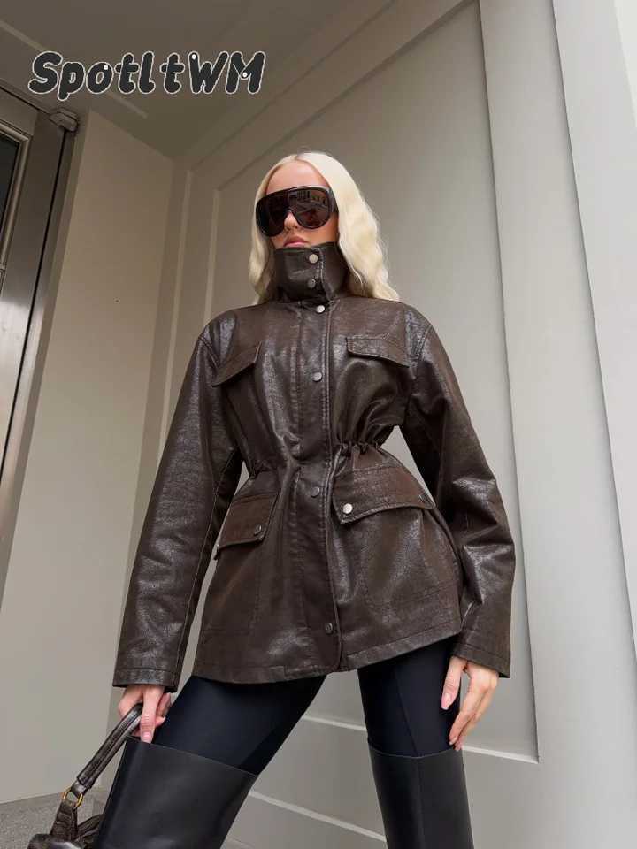 Dark Brown Women's Cracked Stand Up Collar Jacket Trendy Waist Cinched Pocket Workwear Coat Lady Autumn Daily Streetwear 2026 C260921